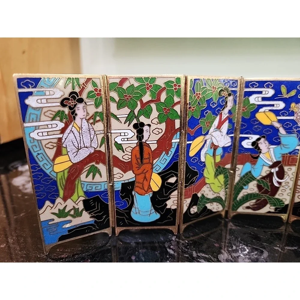 Rare Vintage Miniature 6 panel Cloisonne Enamel Screen with brass‎